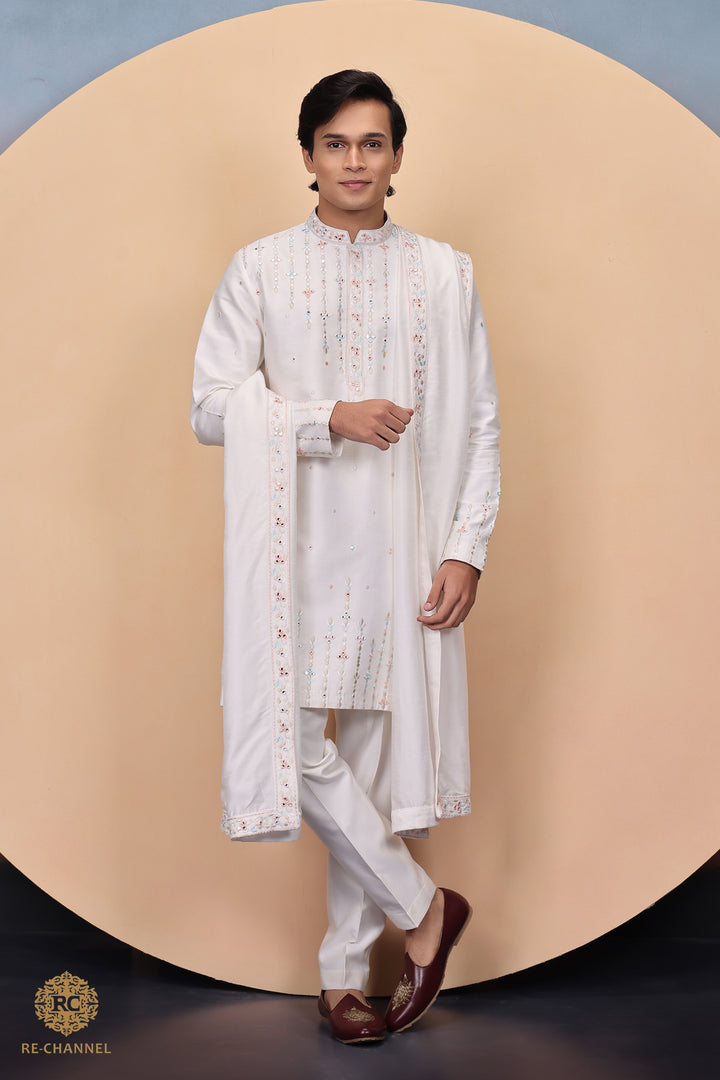 Off White Mirror work Silk Kurta Set with Dupatta