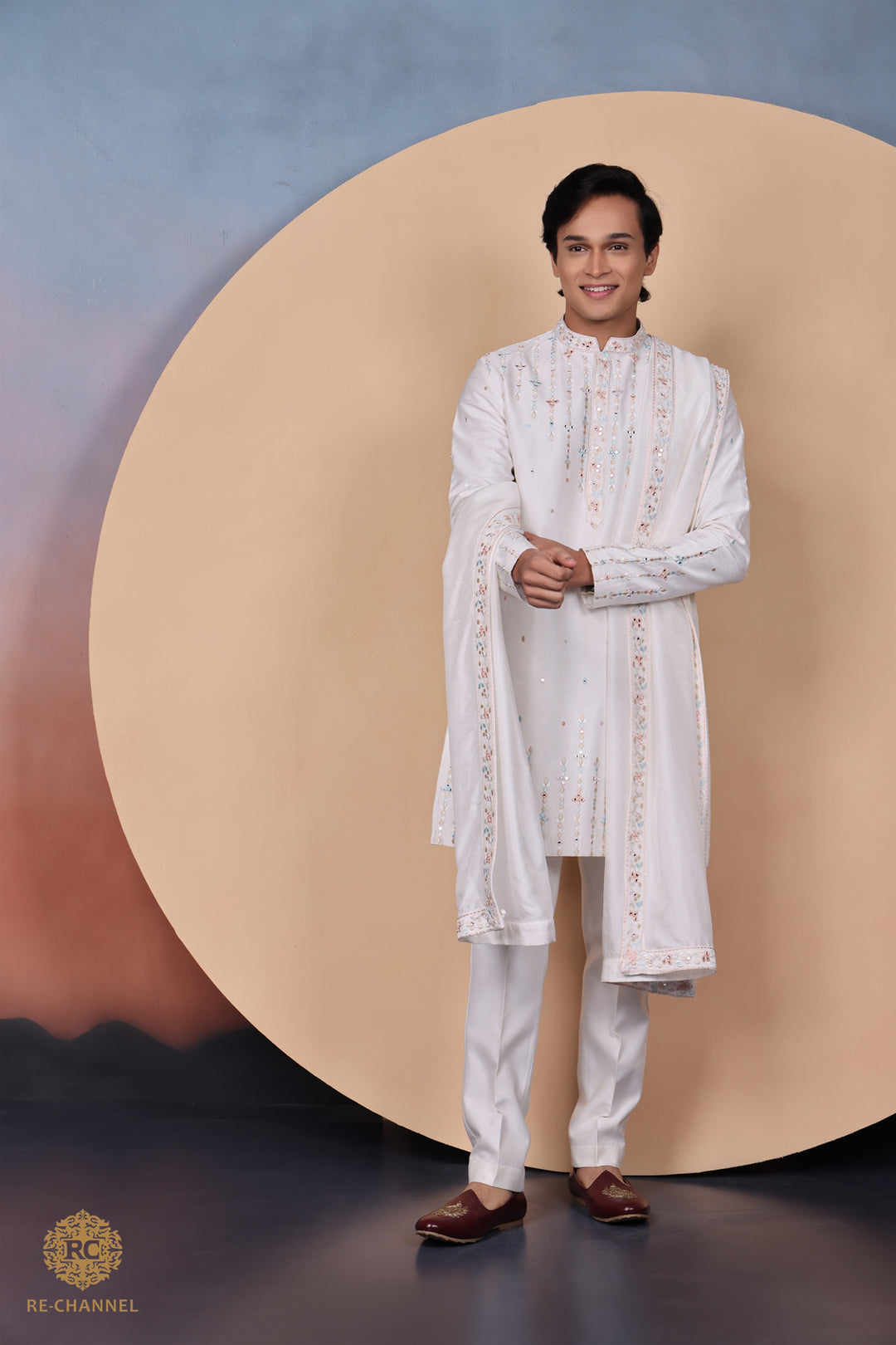 Off White Mirror work Silk Kurta Set with Dupatta