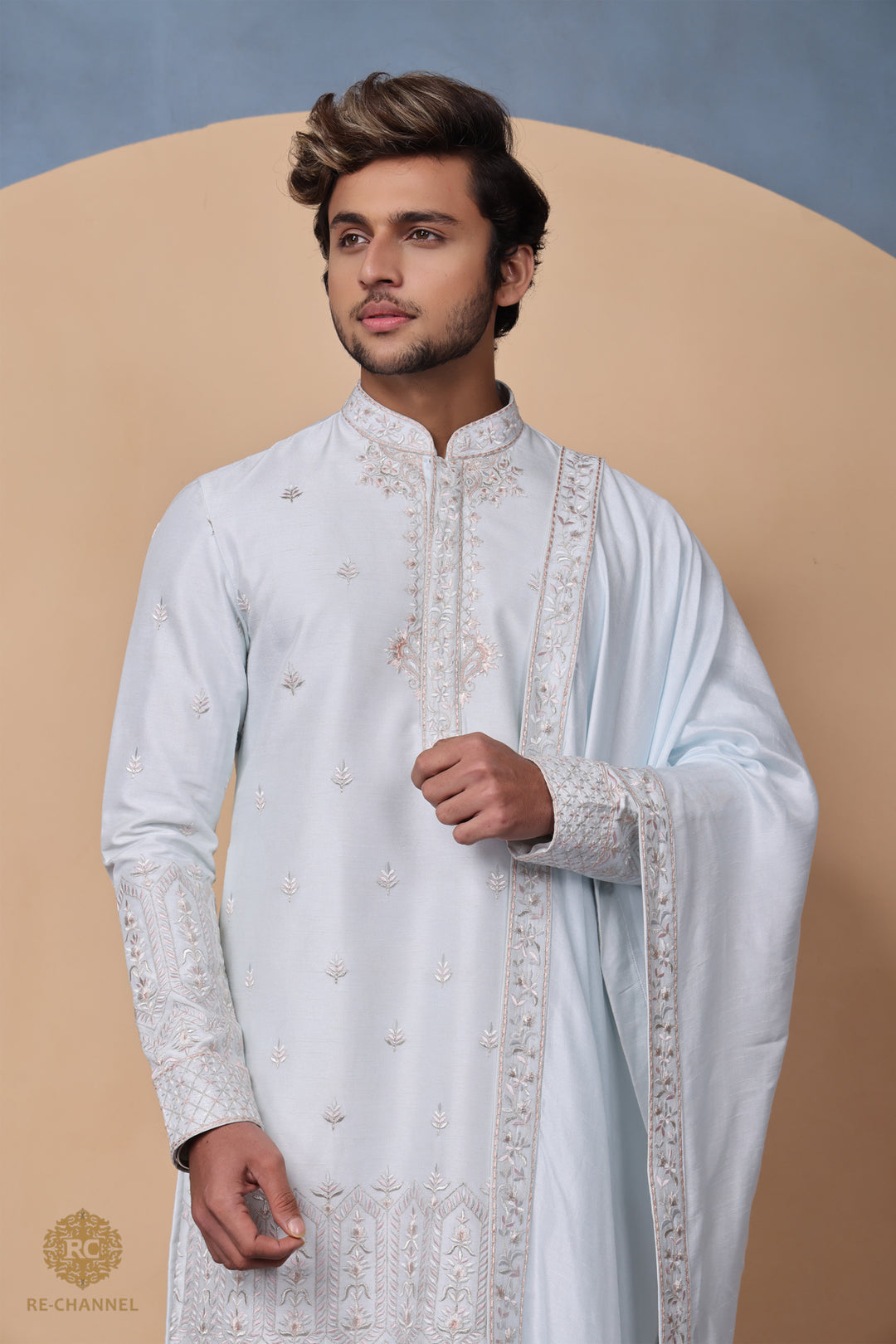 Sky Blue Resham work Silk Kurta Set with Dupatta