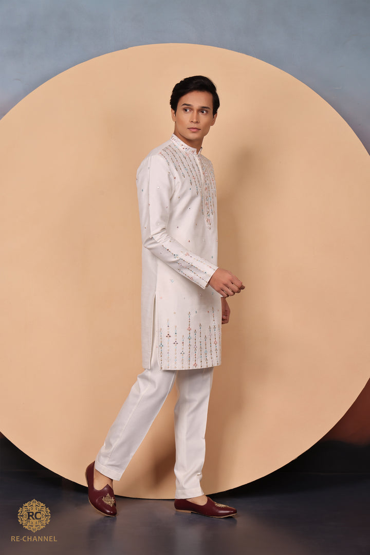 Off White Mirror work Silk Kurta Set with Dupatta