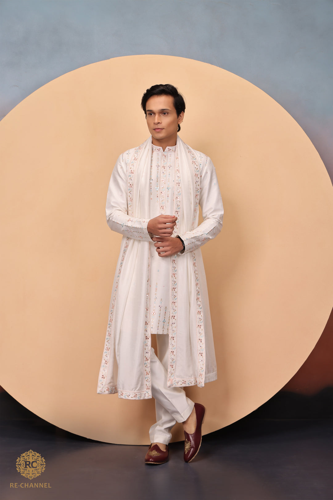Off White Mirror work Silk Kurta Set with Dupatta