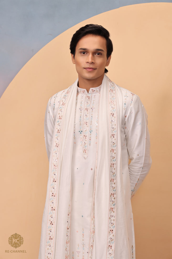 Off White Mirror work Silk Kurta Set with Dupatta