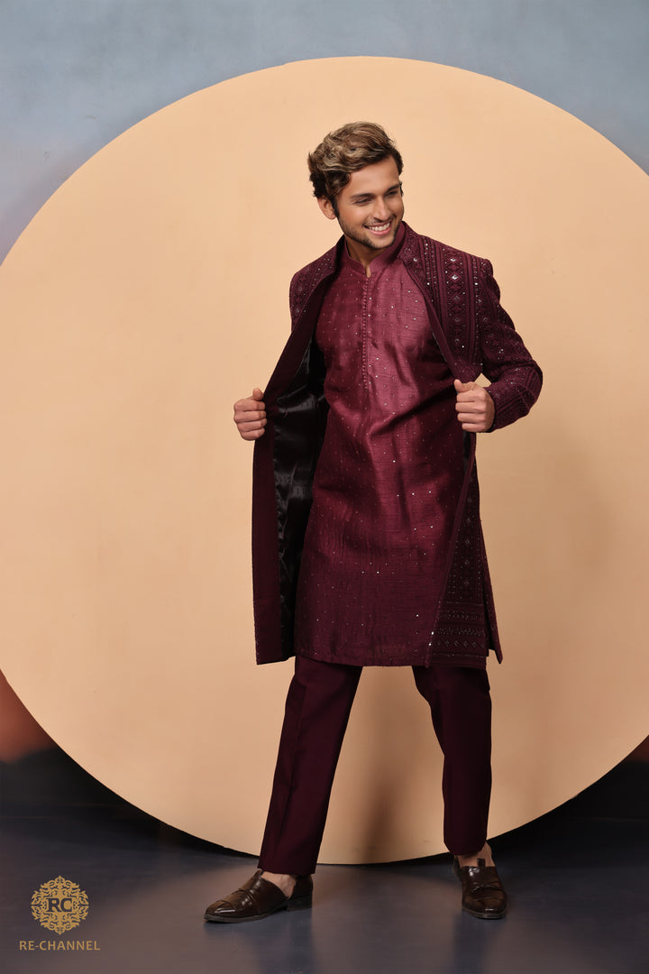 Wine Lucknowi Indo Western with ombre kurta
