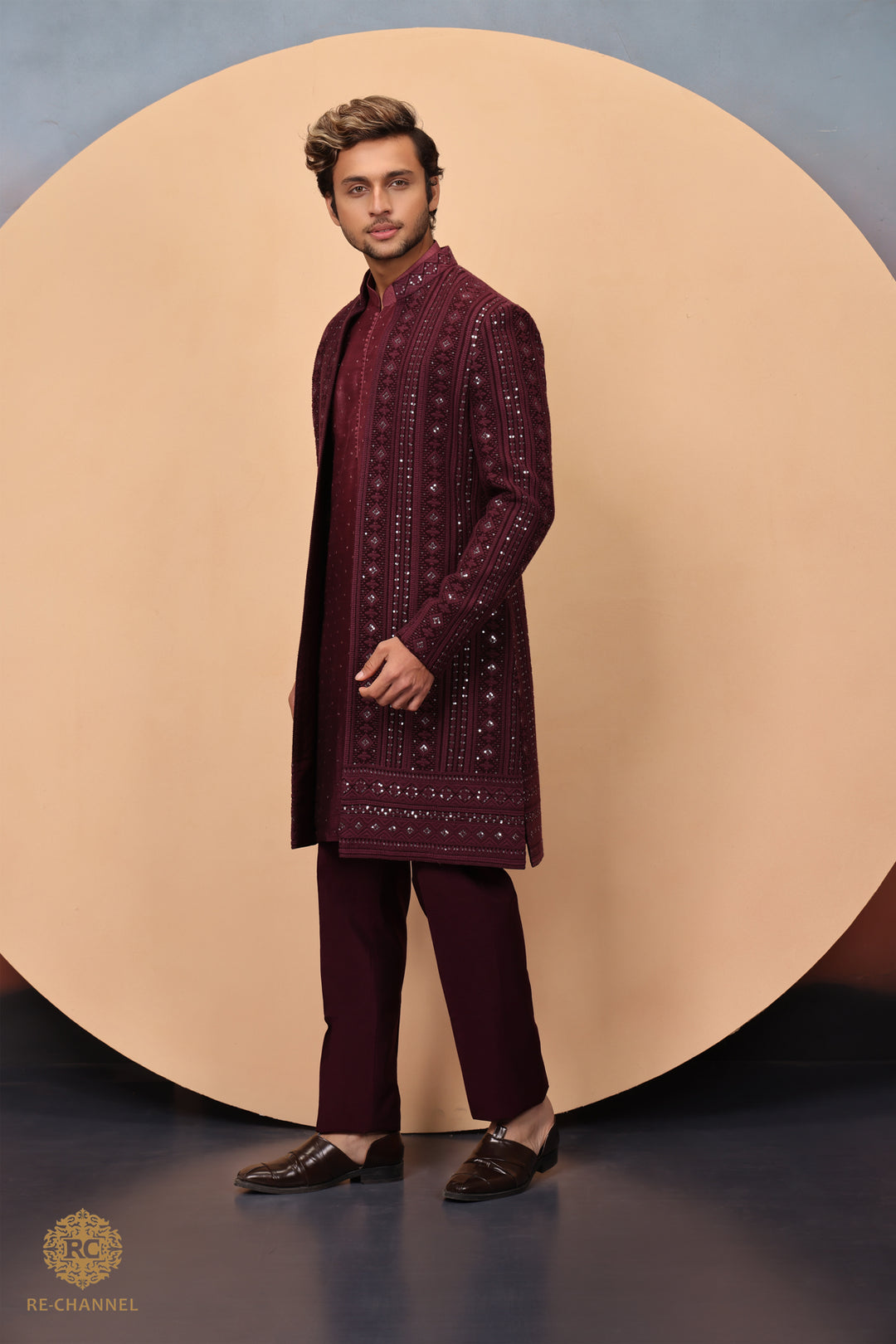 Wine Lucknowi Indo Western with ombre kurta
