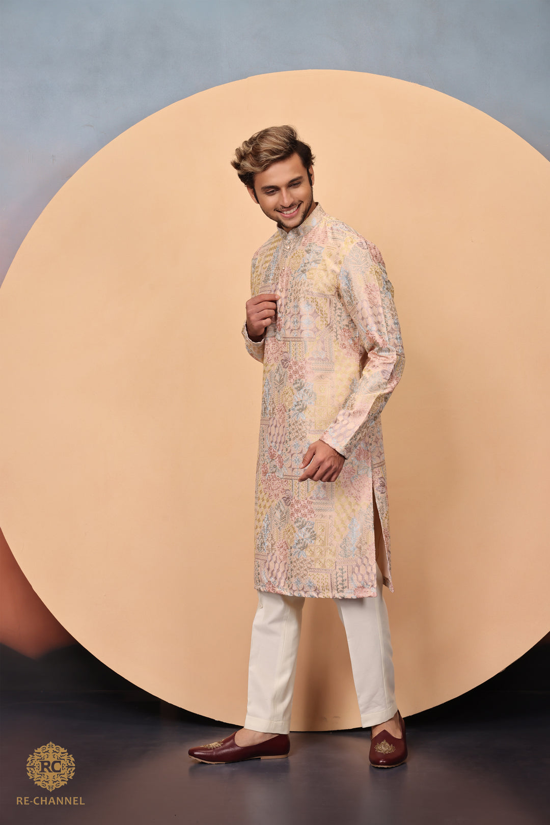 Beige Silk Abstract Thread Work Kurta Set