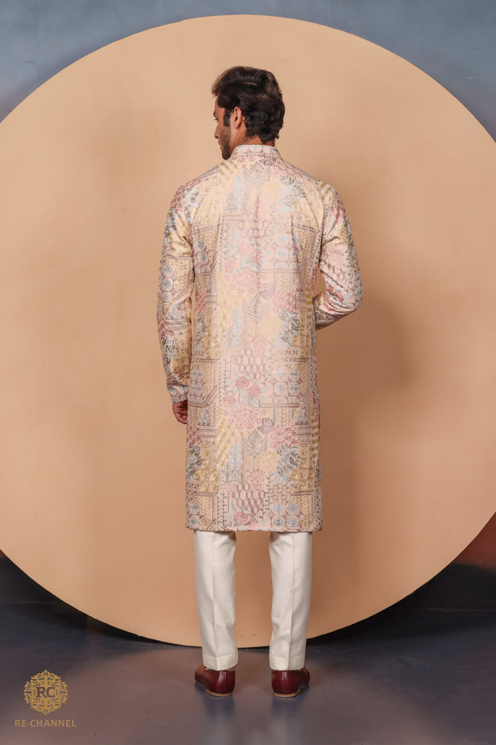 Beige Silk Abstract Thread Work Kurta Set