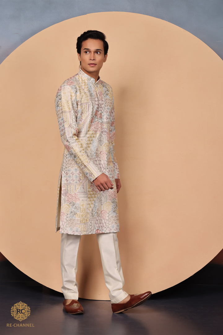 Off White Silk Abstract Thread Work Kurta Set