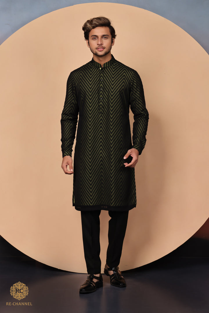 Black Brasso Kurta with Contrast Lime Lining