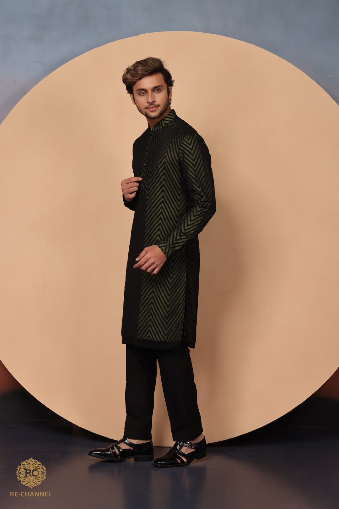 Black Brasso Kurta with Contrast Lime Lining