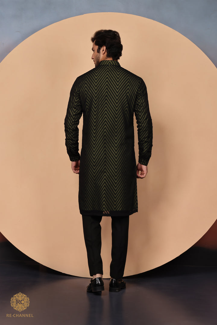 Black Brasso Kurta with Contrast Lime Lining