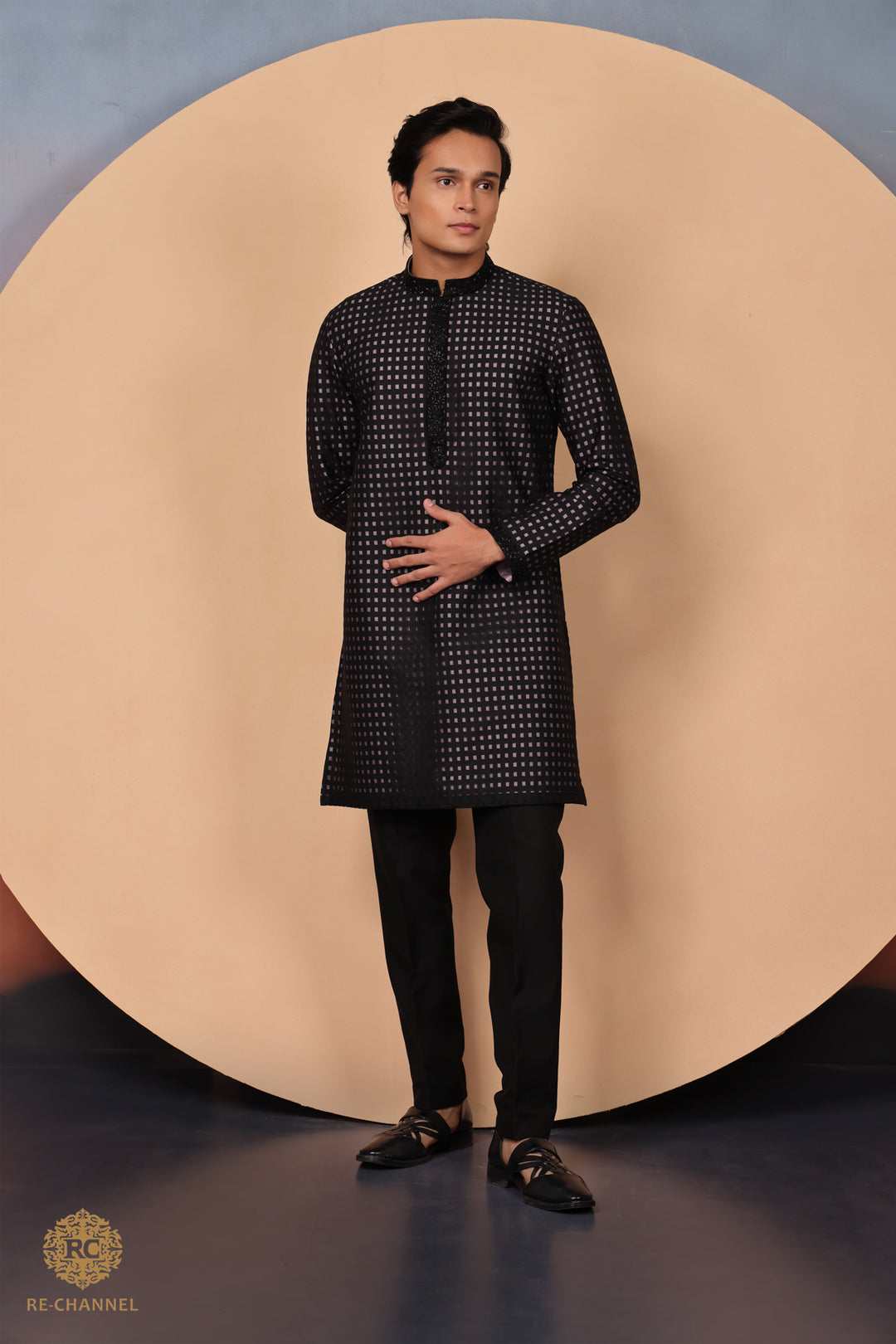 Black Brasso Kurta with Contrast Lilac Lining