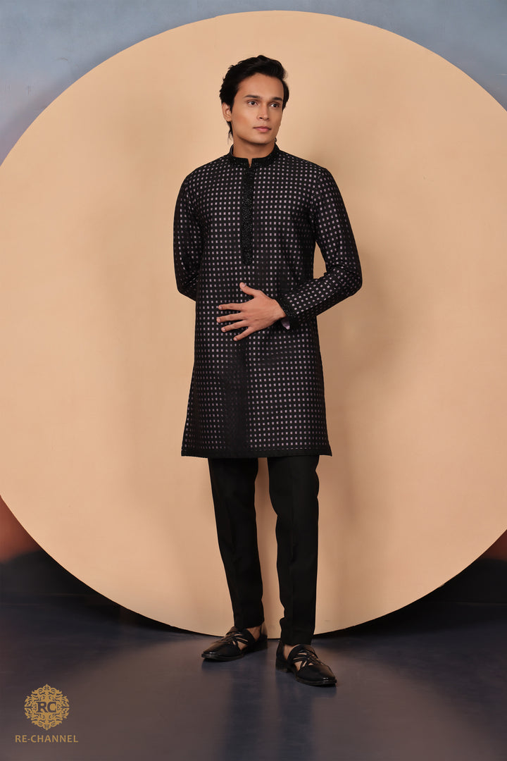 Black Brasso Kurta with Contrast Lilac Lining