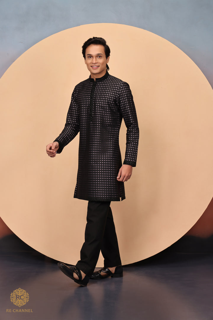 Black Brasso Kurta with Contrast Lilac Lining