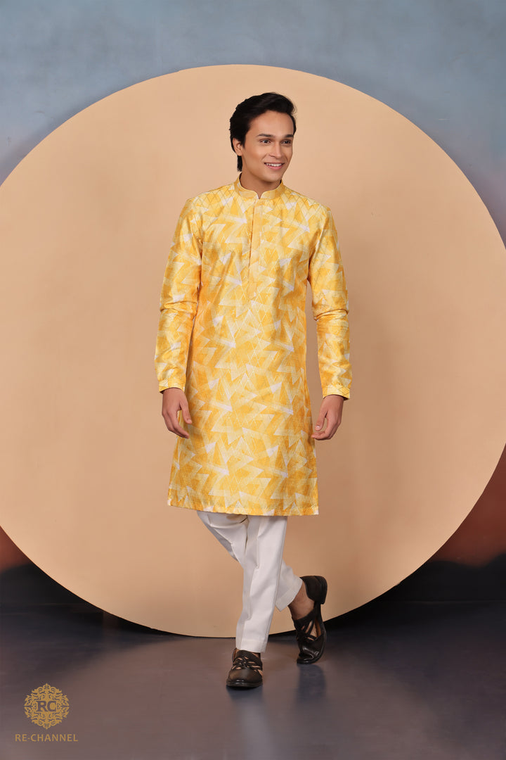 Yellow Silk Geometric Print Kurta Set