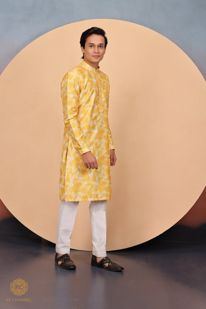 Yellow Silk Geometric Print Kurta Set