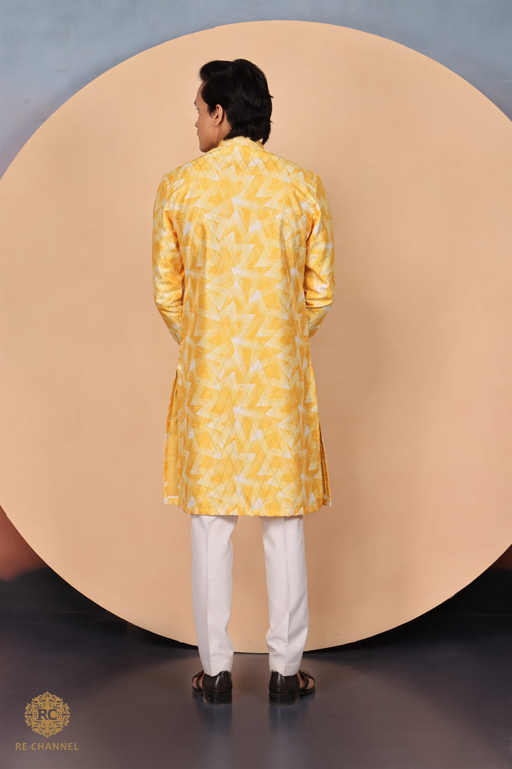 Yellow Silk Geometric Print Kurta Set