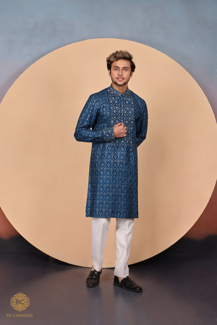 Teal Blue Zari & Thread work Kurta in Silk