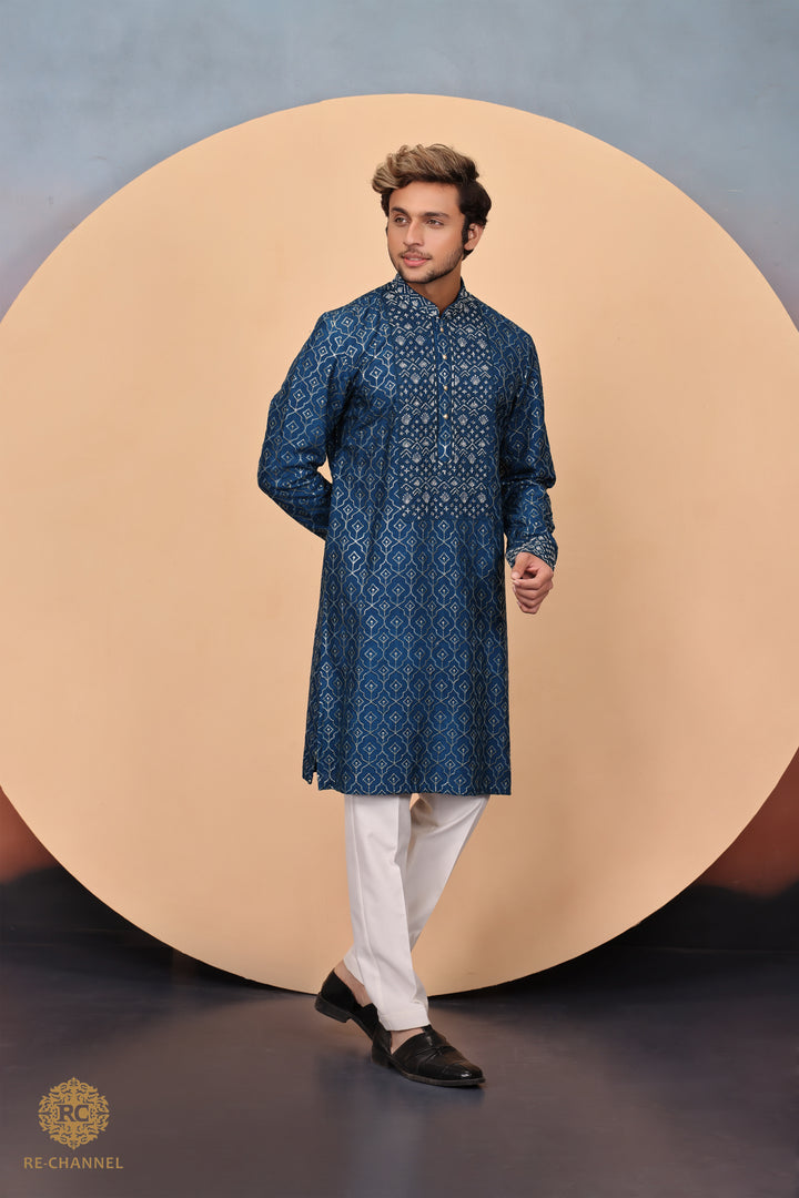 Teal Blue Zari & Thread work Kurta in Silk