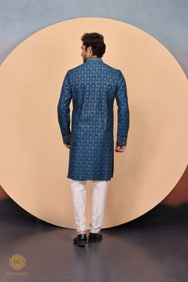 Teal Blue Zari & Thread work Kurta in Silk