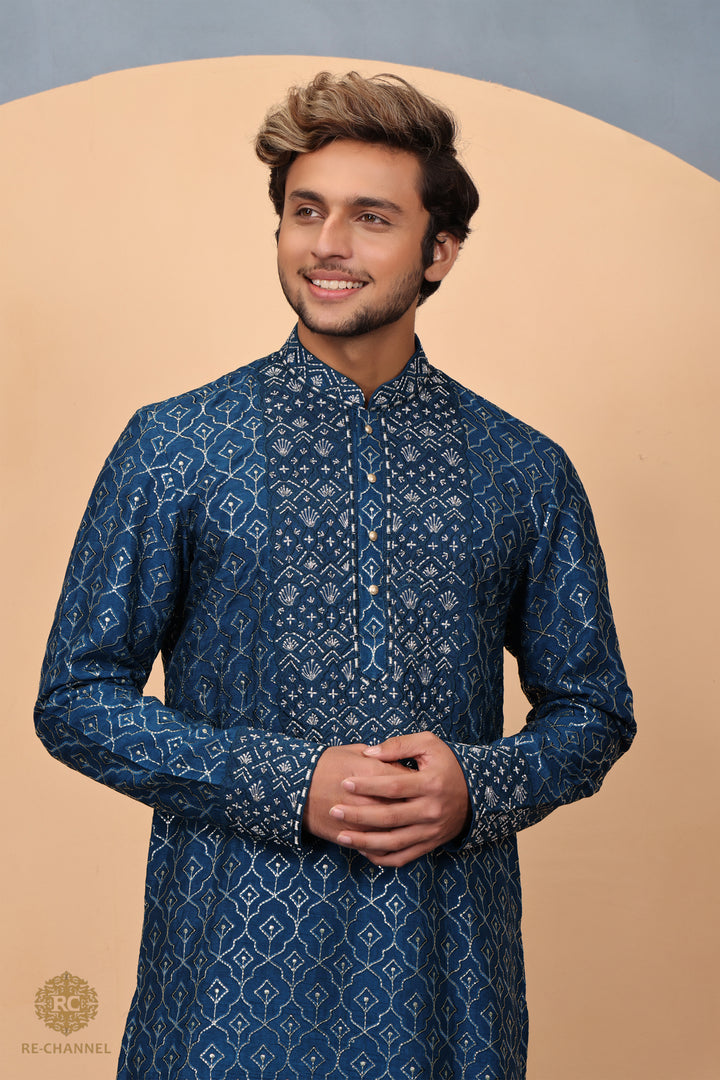 Teal Blue Zari & Thread work Kurta in Silk