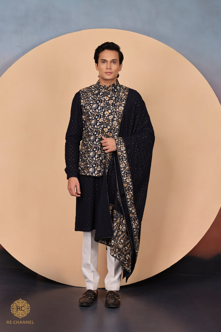 Navy blue bandi kurta & dupatta set