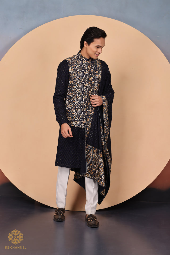 Navy blue bandi kurta & dupatta set