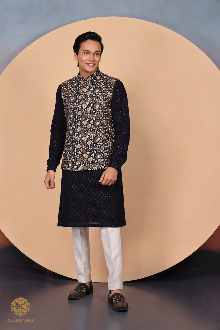 Navy blue bandi kurta & dupatta set