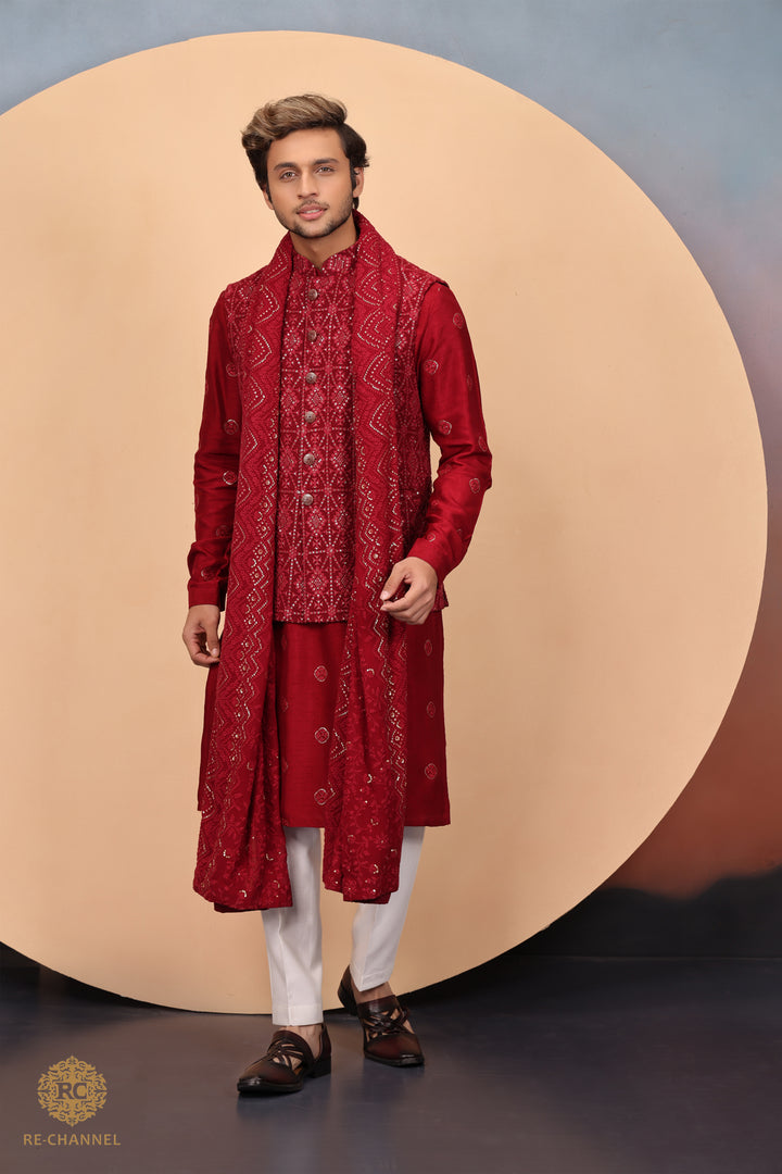 Red Lucknowi Bandi Kurta Set