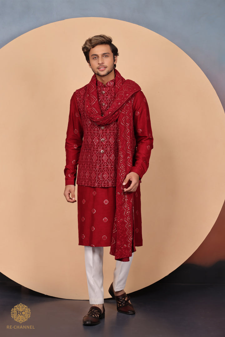 Red Lucknowi Bandi Kurta Set