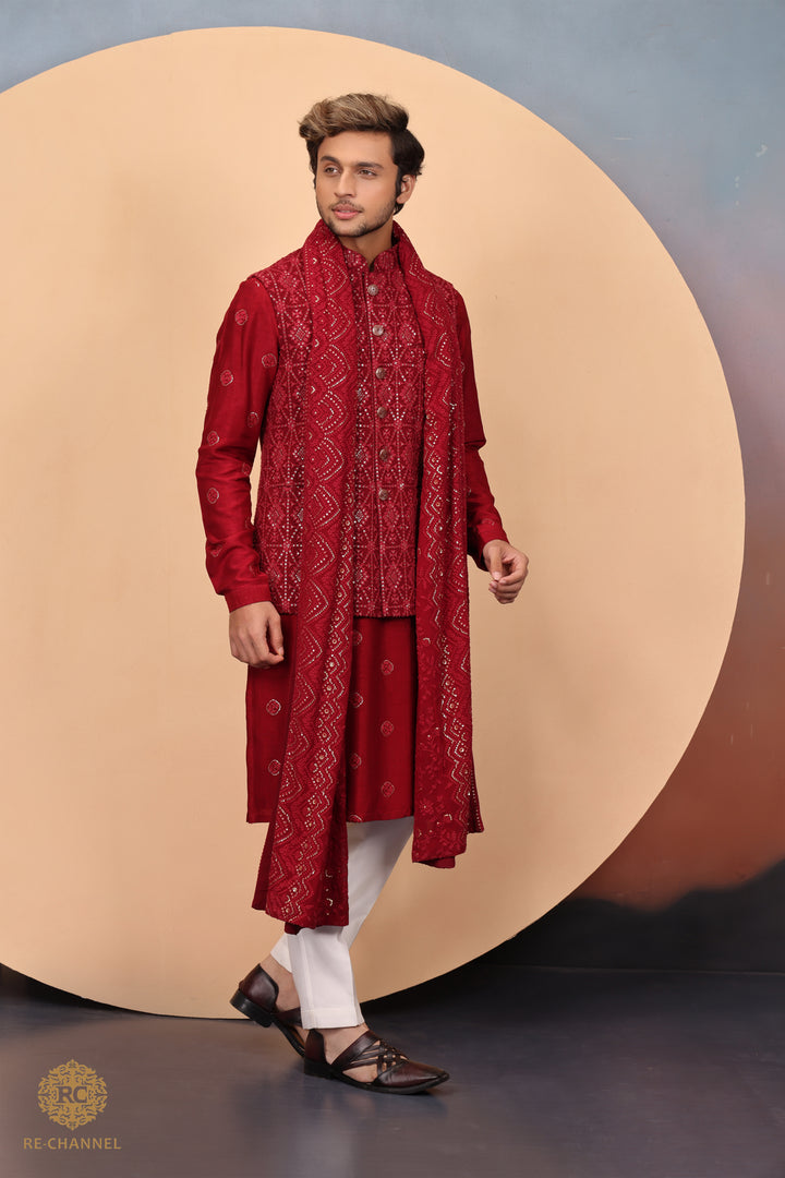 Red Lucknowi Bandi Kurta Set