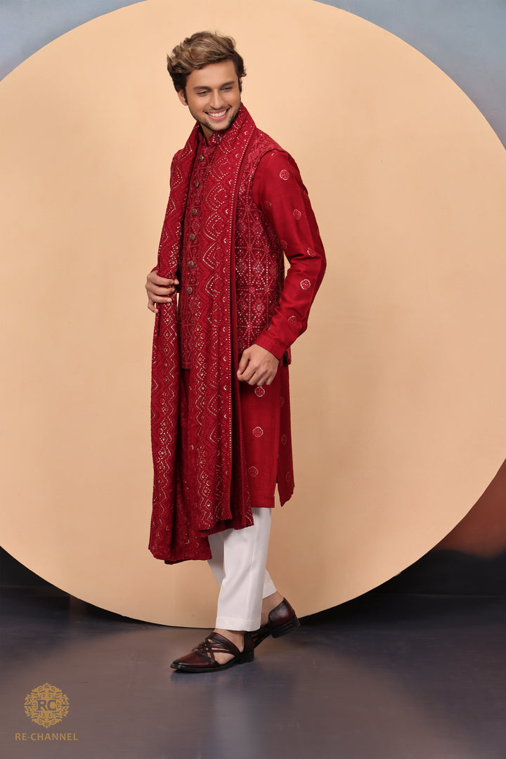 Red Lucknowi Bandi Kurta Set