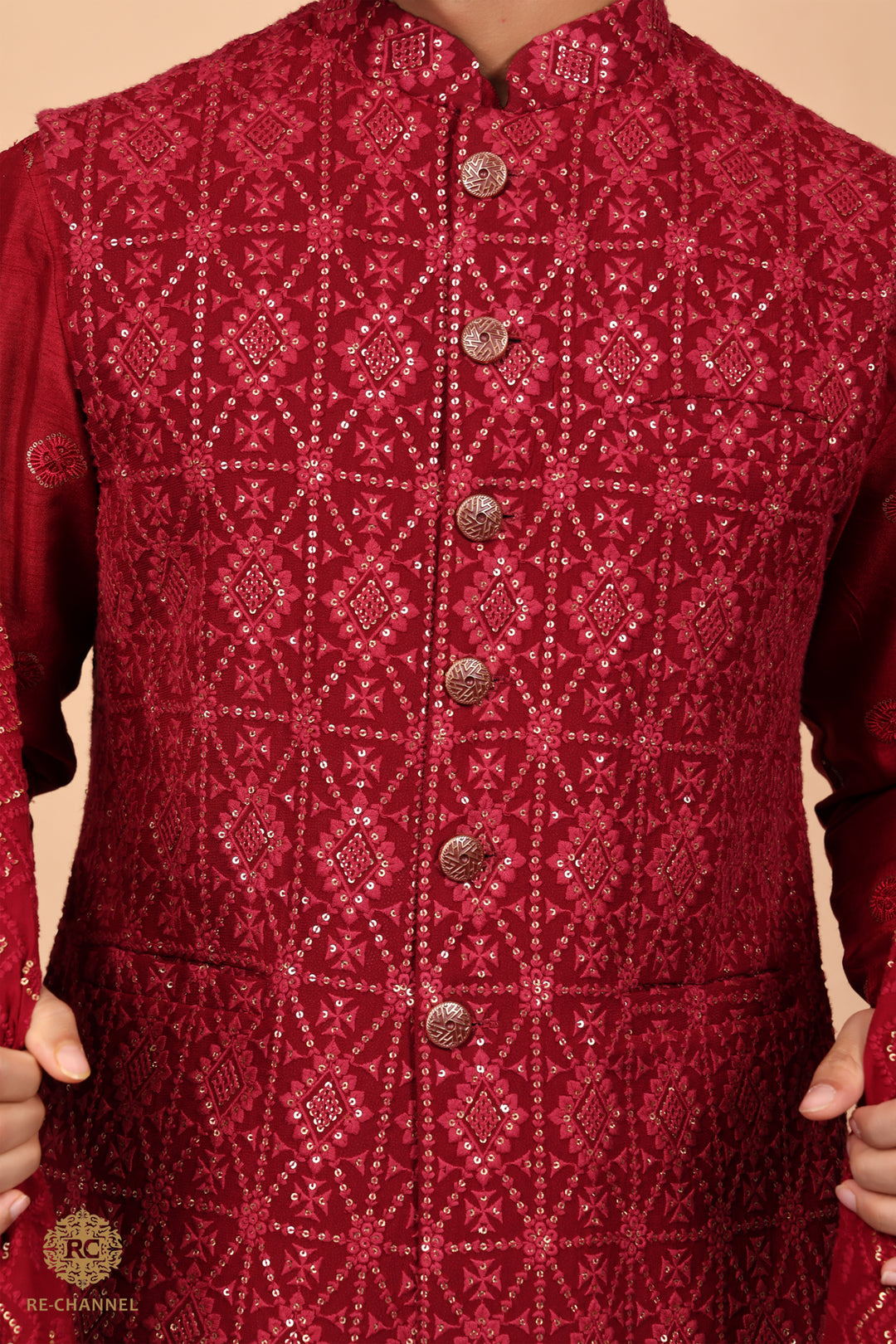 Red Lucknowi Bandi Kurta Set
