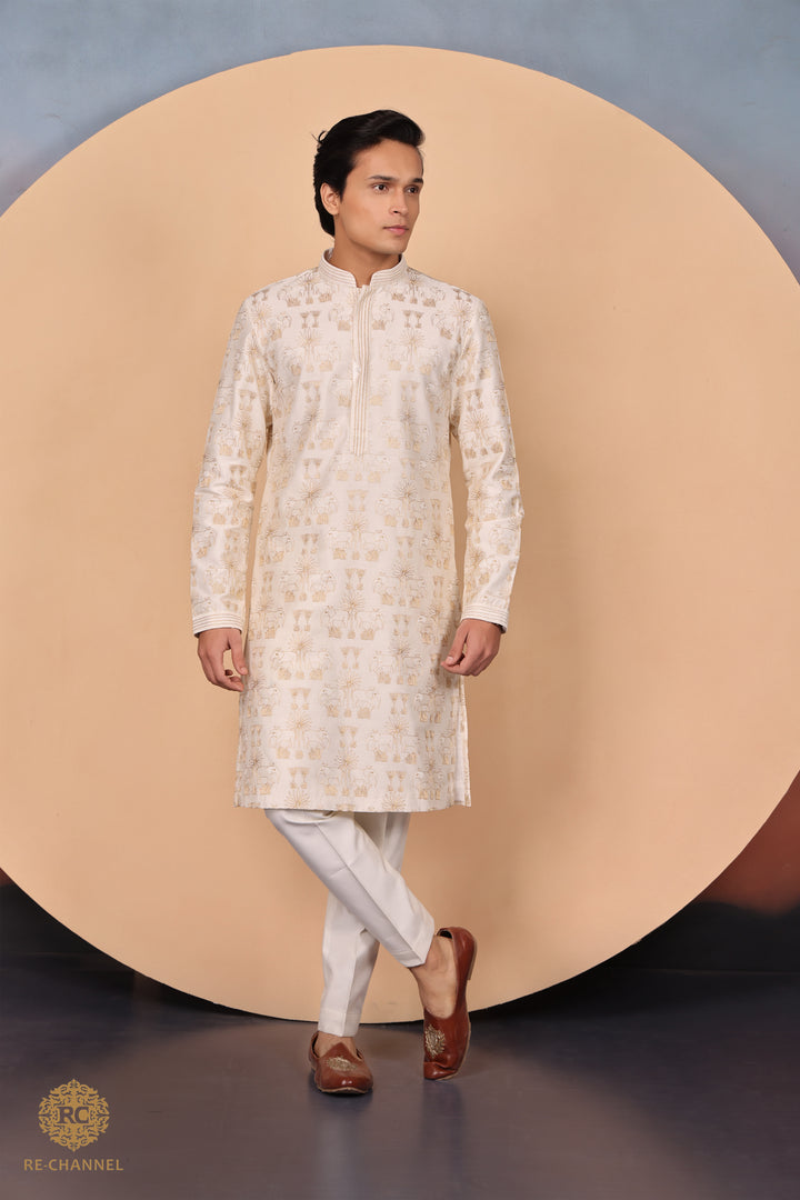 Cream Silk Zari Work kurta