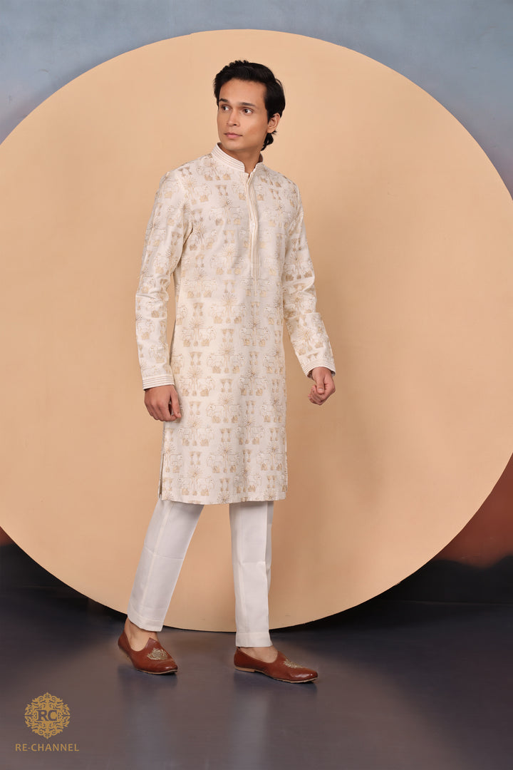 Cream Silk Zari Work kurta