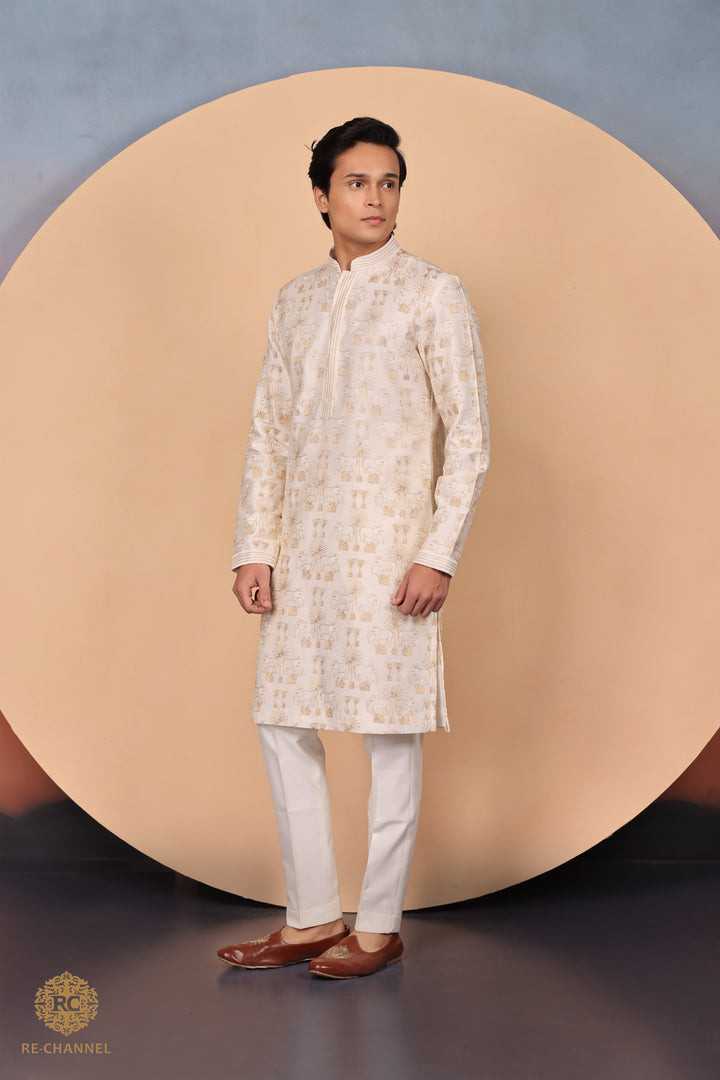 Cream Silk Zari Work kurta