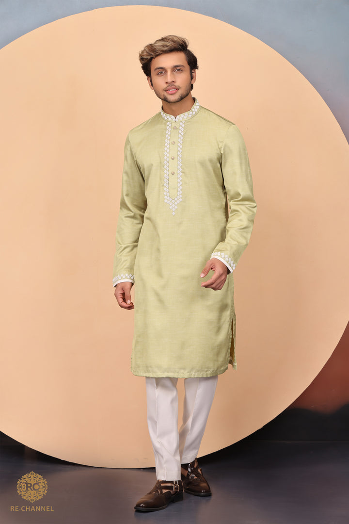 Green Raw Silk Kurta set with bead work