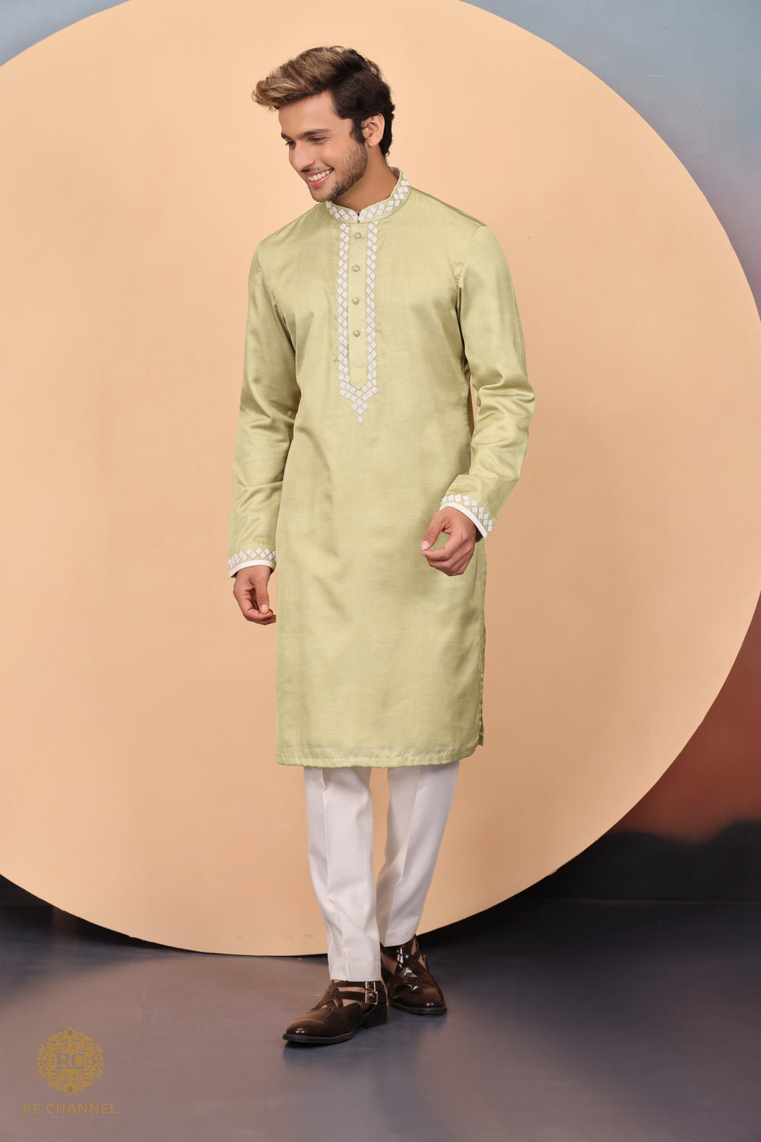 Green Raw Silk Kurta set with bead work