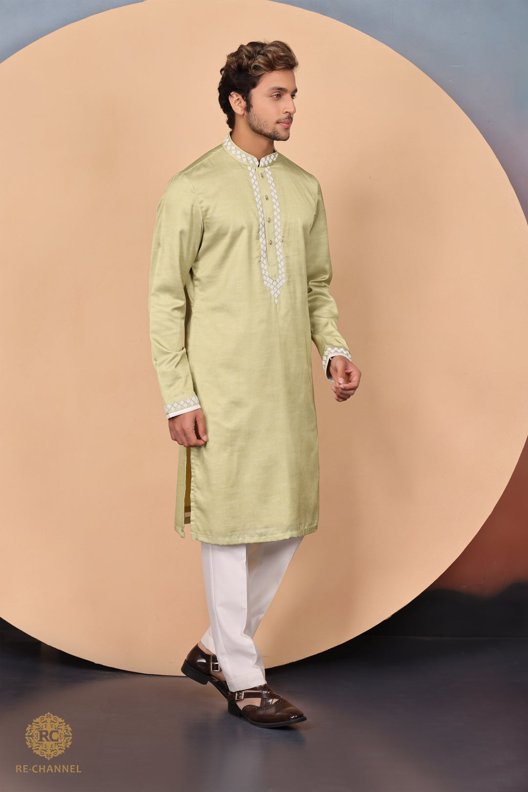 Green Raw Silk Kurta set with bead work