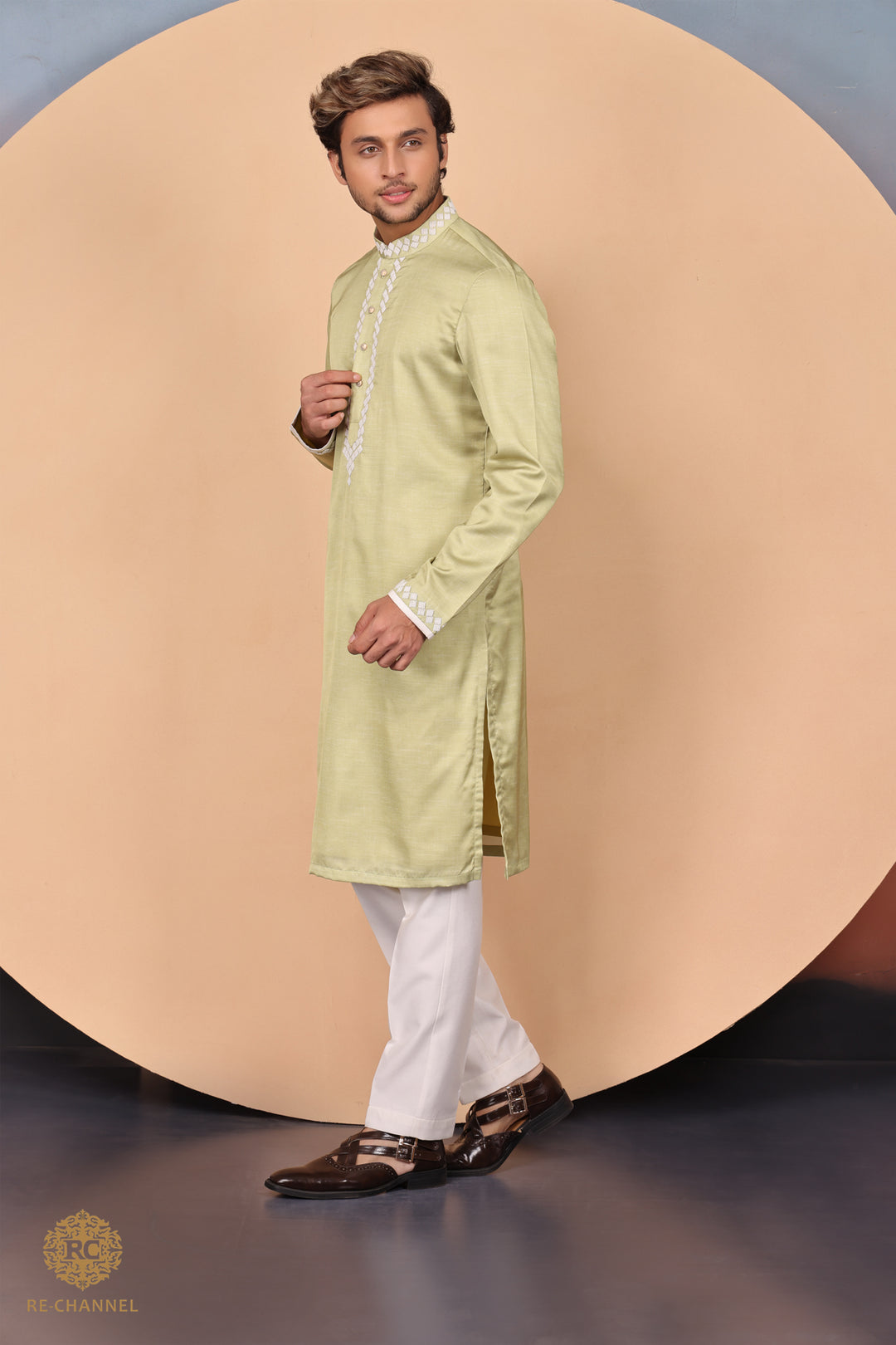 Green Raw Silk Kurta set with bead work