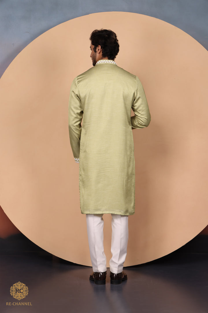 Green Raw Silk Kurta set with bead work