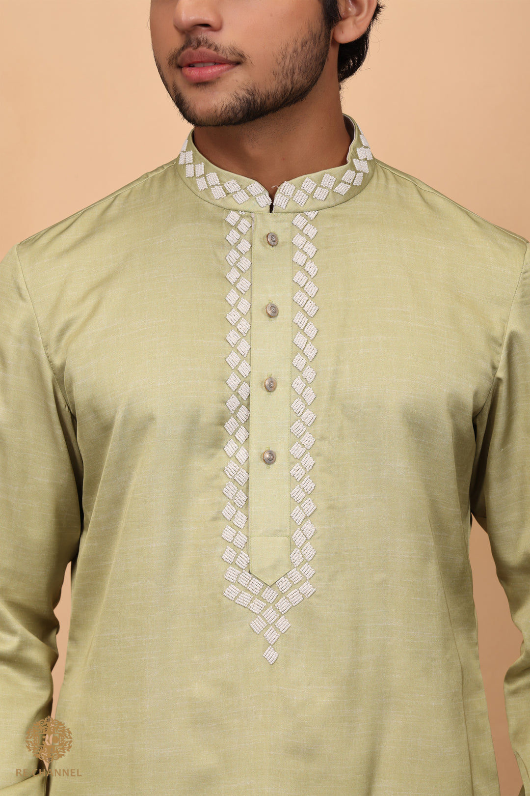 Green Raw Silk Kurta set with bead work
