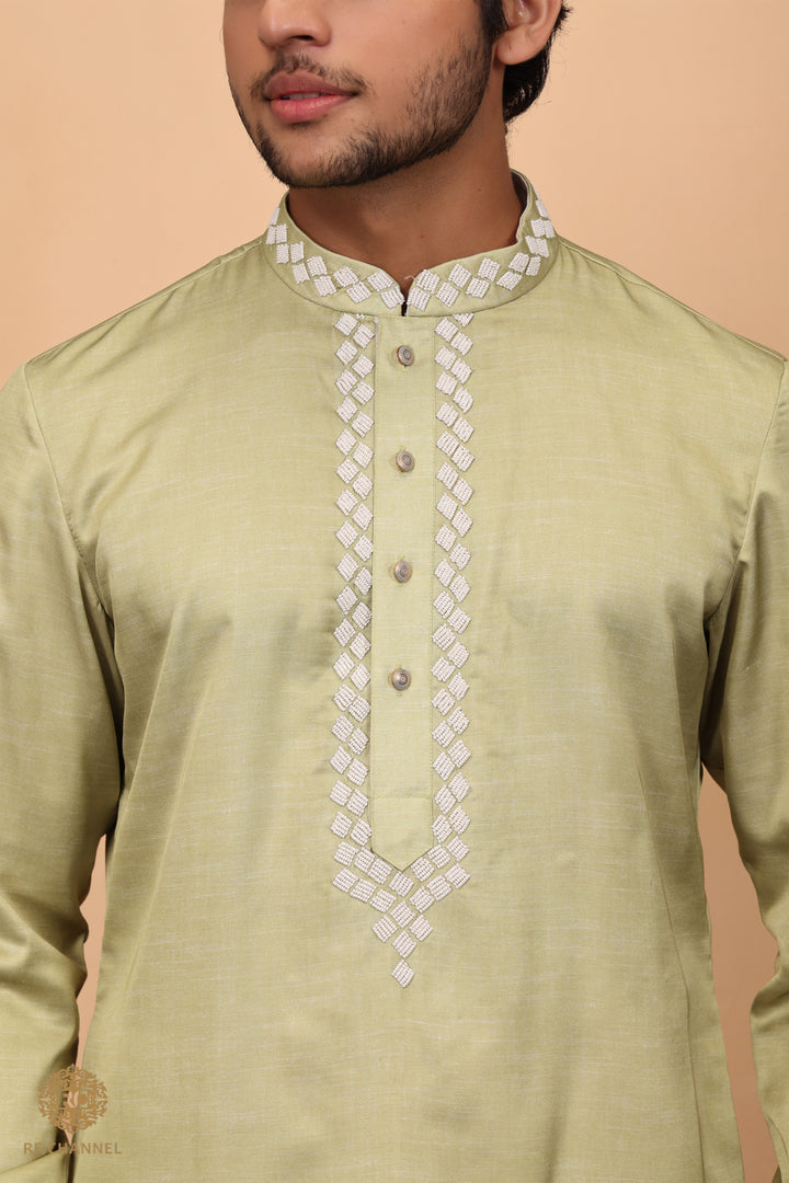 Green Raw Silk Kurta set with bead work