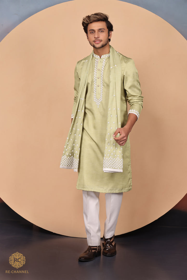 Green Raw Silk Bead Work Kurta set with dupatta