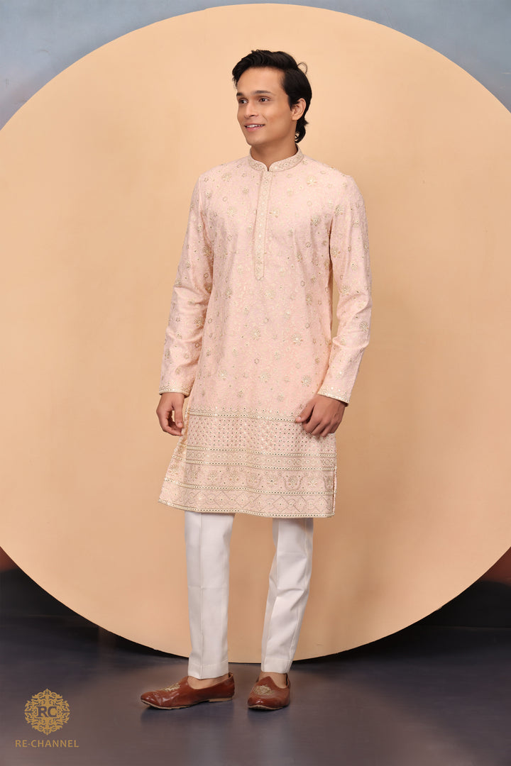 Peach Georgette kurta in chikankari and zari work