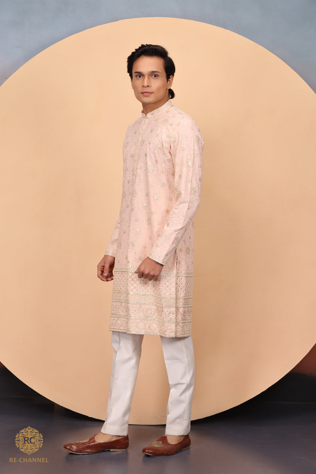 Peach Georgette kurta in chikankari and zari work