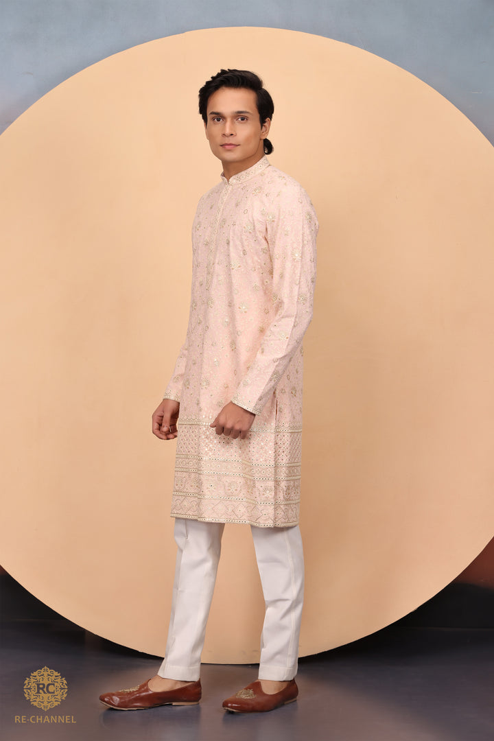 Peach Georgette kurta in chikankari and zari work