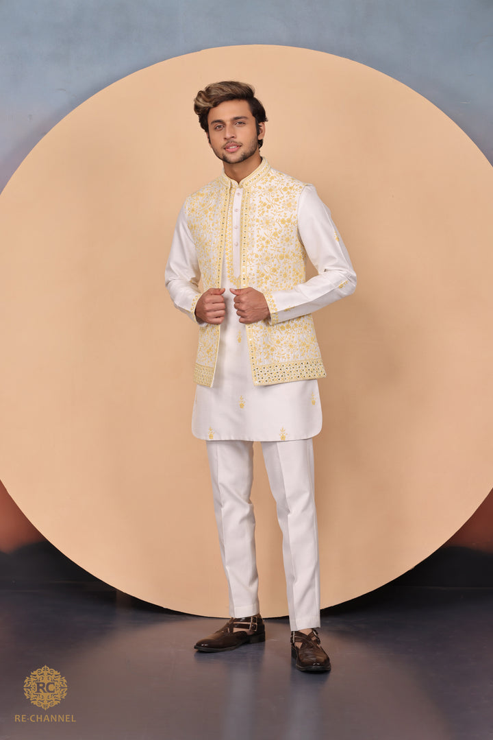 White Bandi Kurta Set in Silk