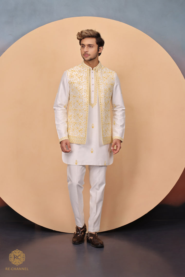 White Bandi Kurta Set in Silk