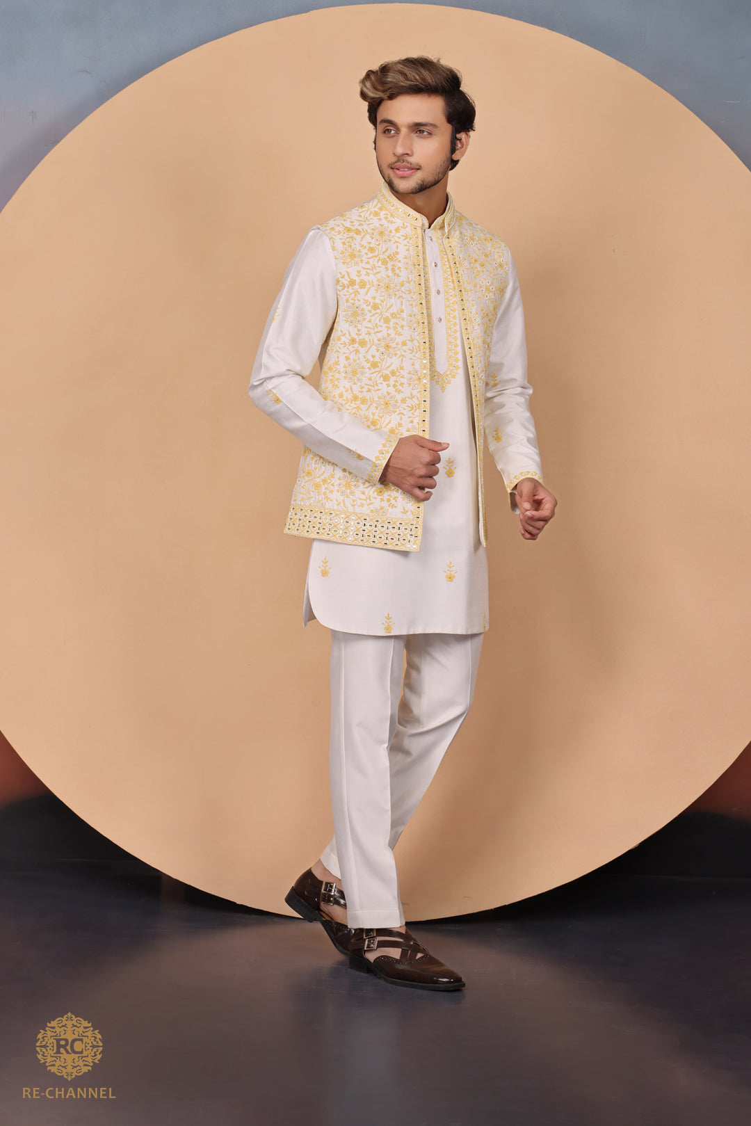 White Bandi Kurta Set in Silk