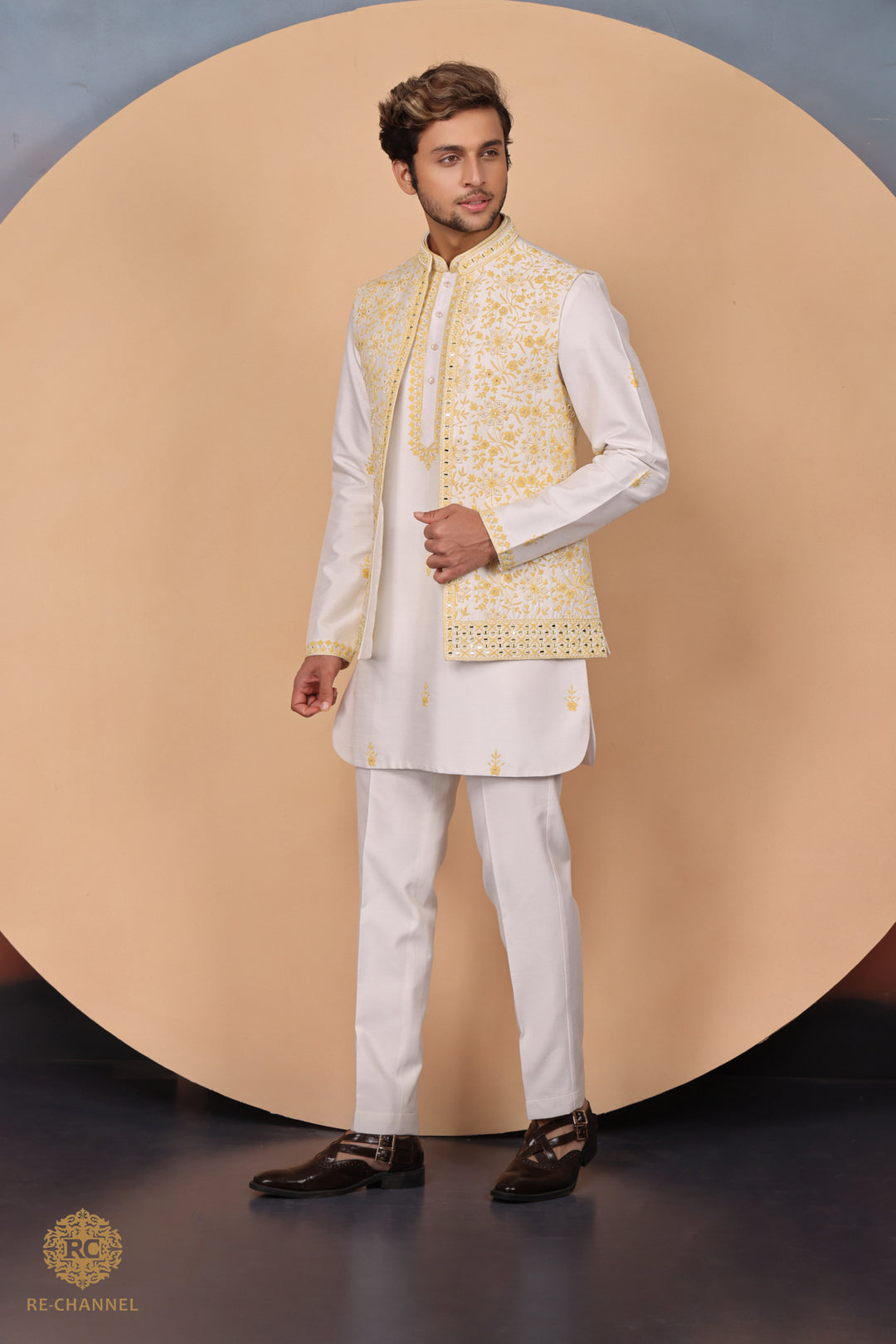 White Bandi Kurta Set in Silk